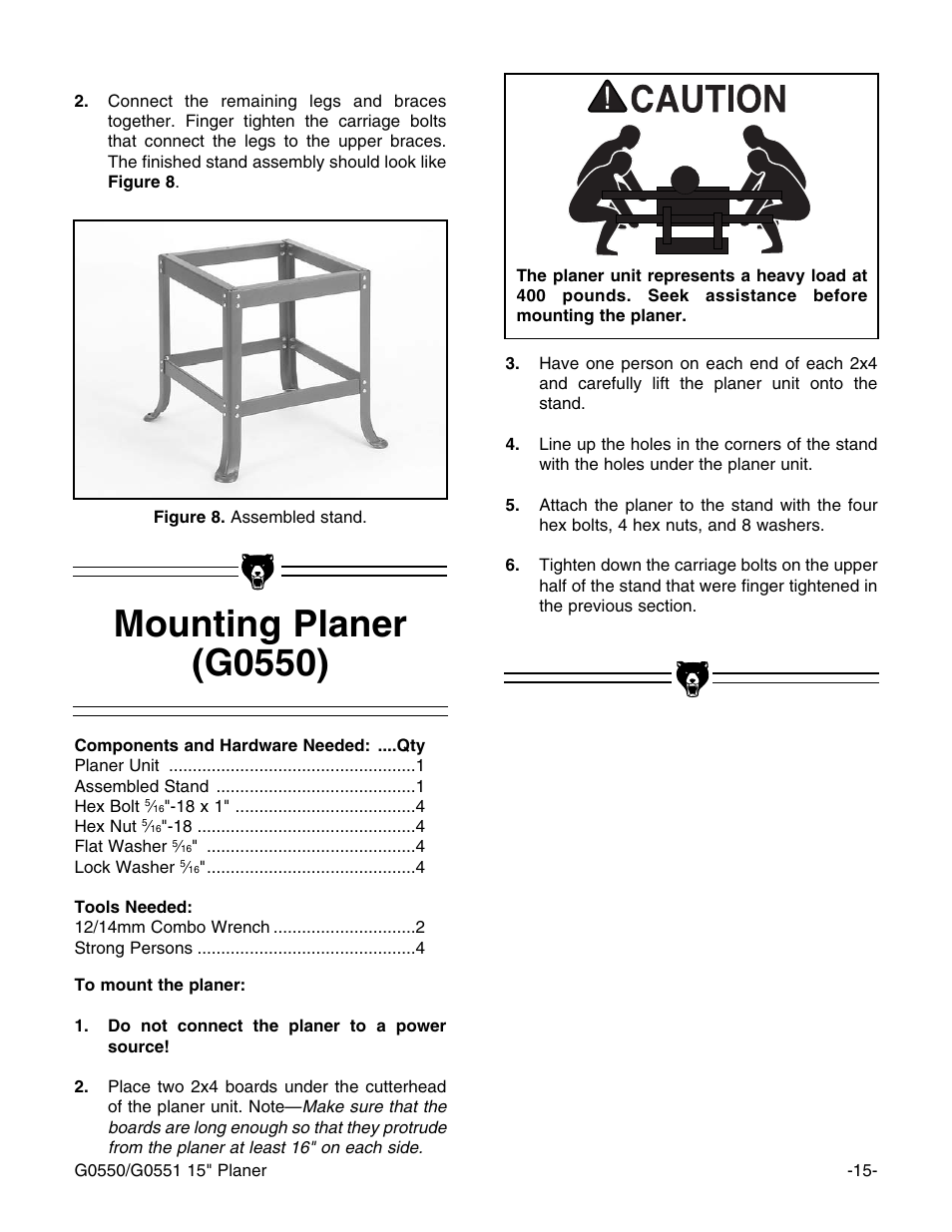 Mounting planer (g0550) | Grizzly Model G0550 User Manual | Page 17 / 56