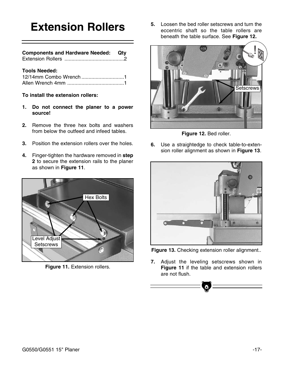 Extension rollers | Grizzly Model G0550 User Manual | Page 19 / 56