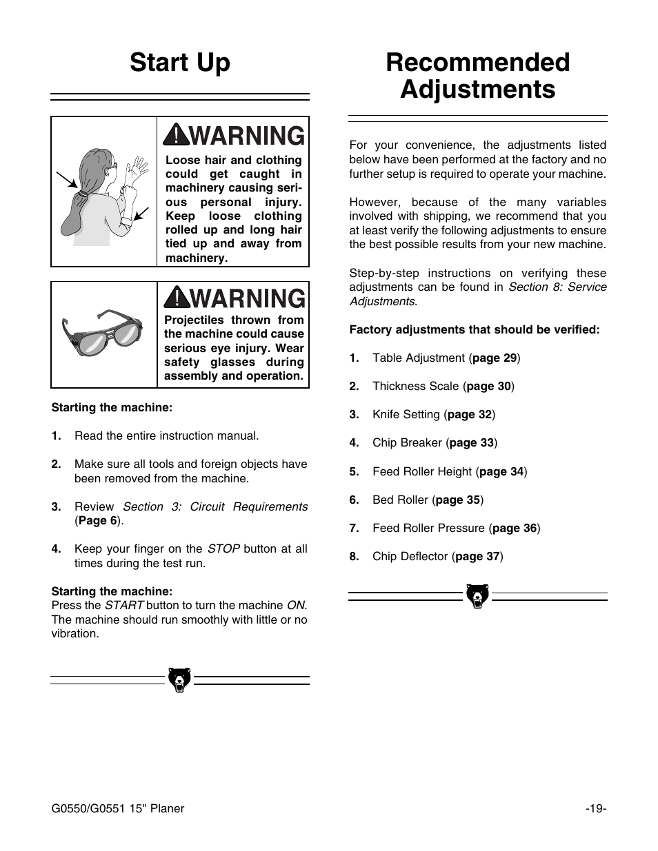 Recommended adjustments start up | Grizzly Model G0550 User Manual | Page 21 / 56