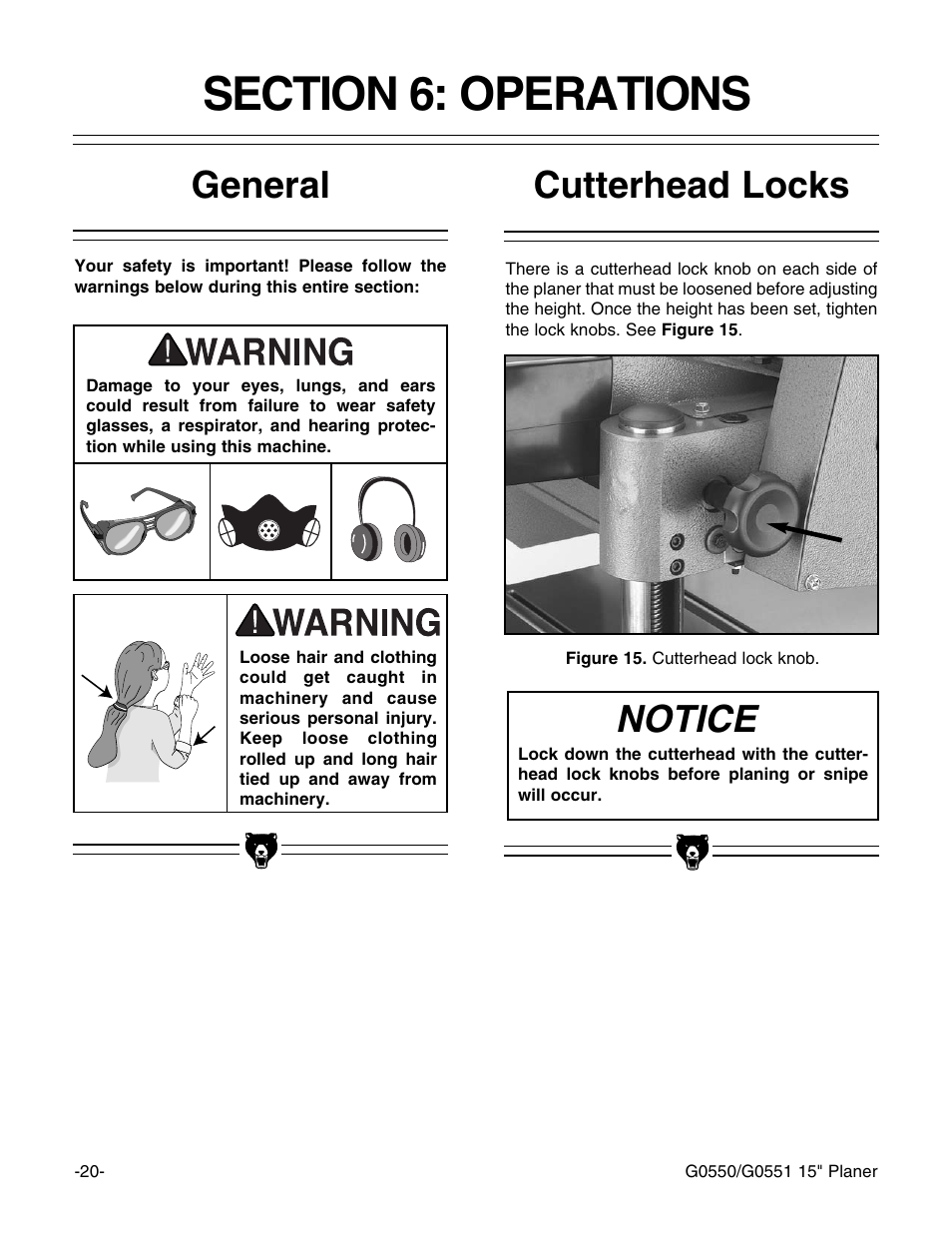 Notice general cutterhead locks | Grizzly Model G0550 User Manual | Page 22 / 56