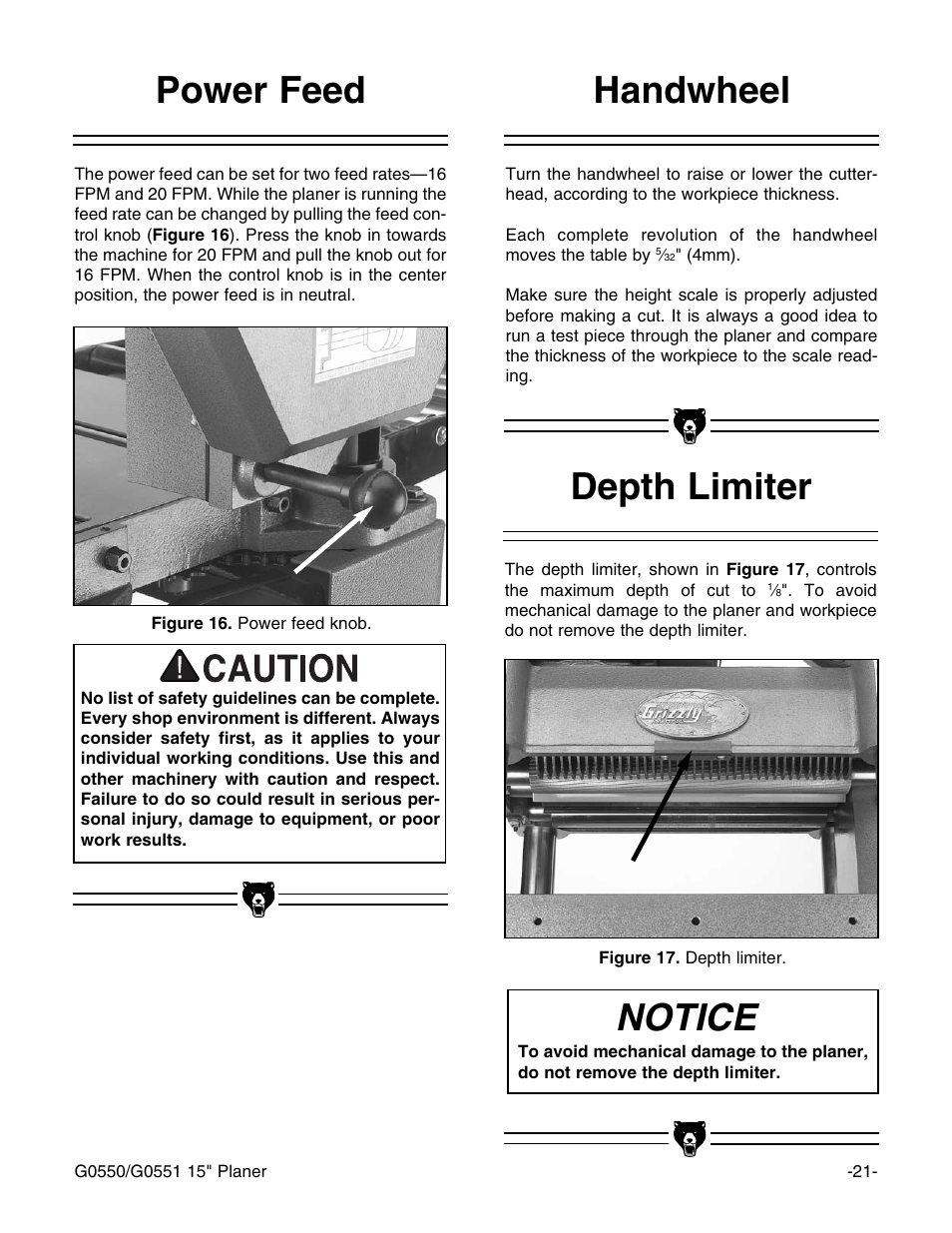 Notice depth limiter handwheel power feed | Grizzly Model G0550 User Manual | Page 23 / 56