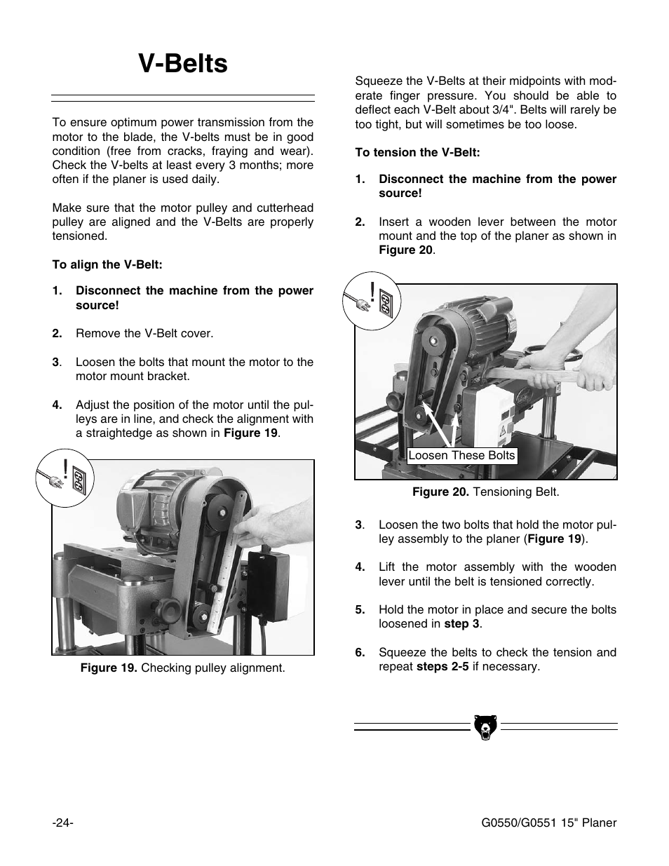 V-belts | Grizzly Model G0550 User Manual | Page 26 / 56