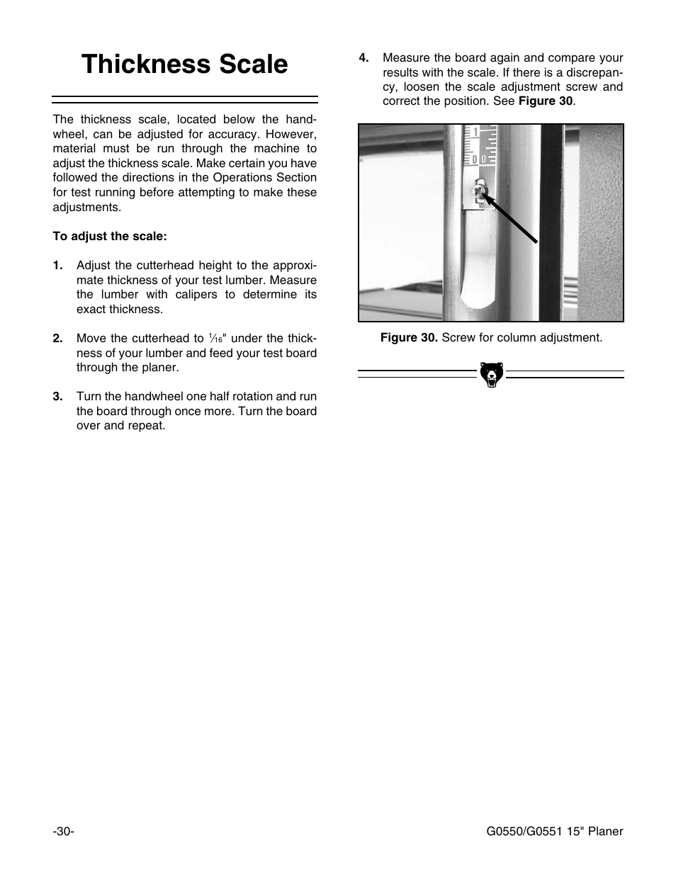 Thickness scale | Grizzly Model G0550 User Manual | Page 32 / 56