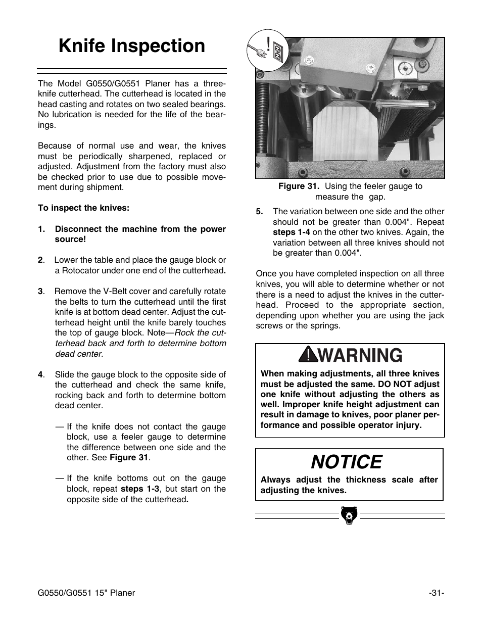 Notice knife inspection | Grizzly Model G0550 User Manual | Page 33 / 56