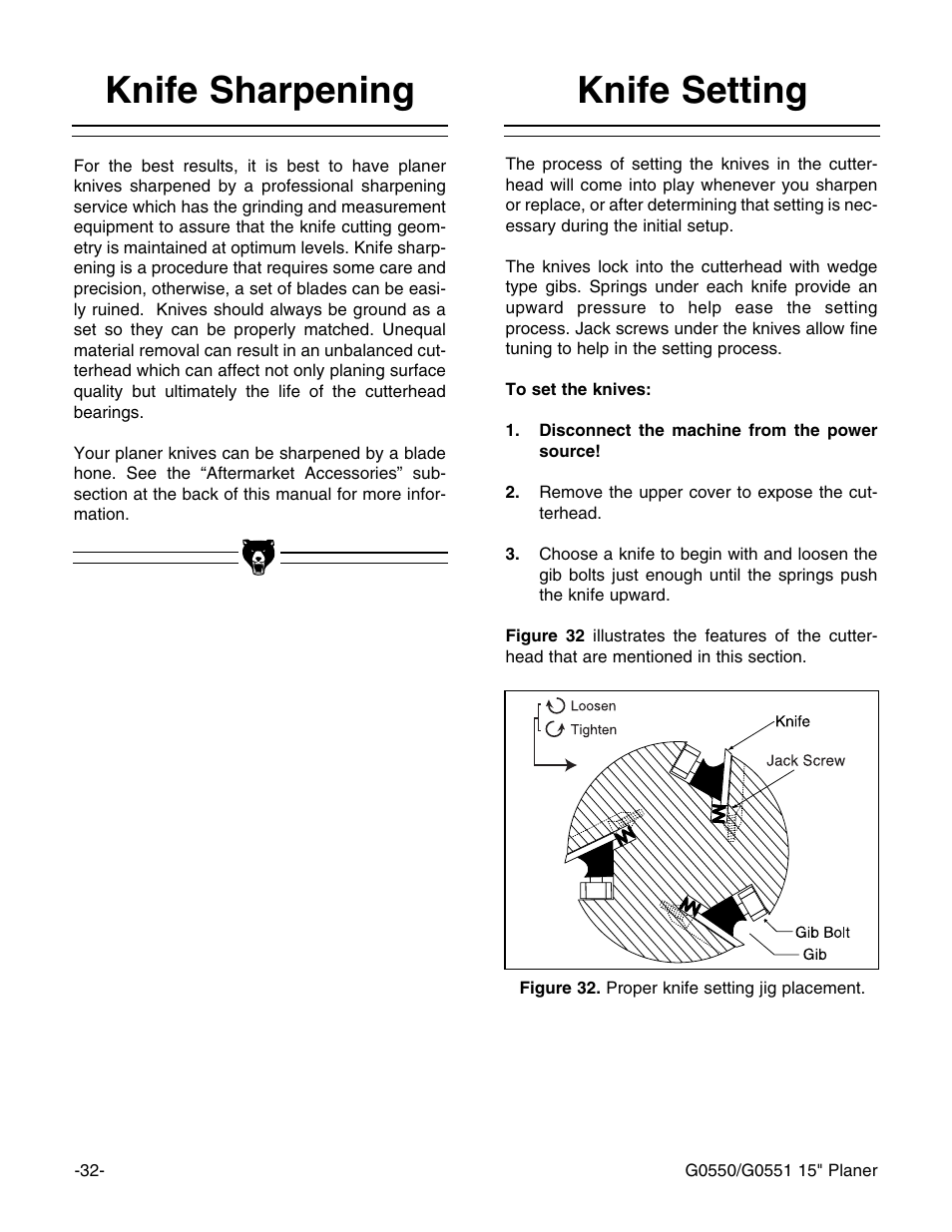 Knife setting knife sharpening | Grizzly Model G0550 User Manual | Page 34 / 56