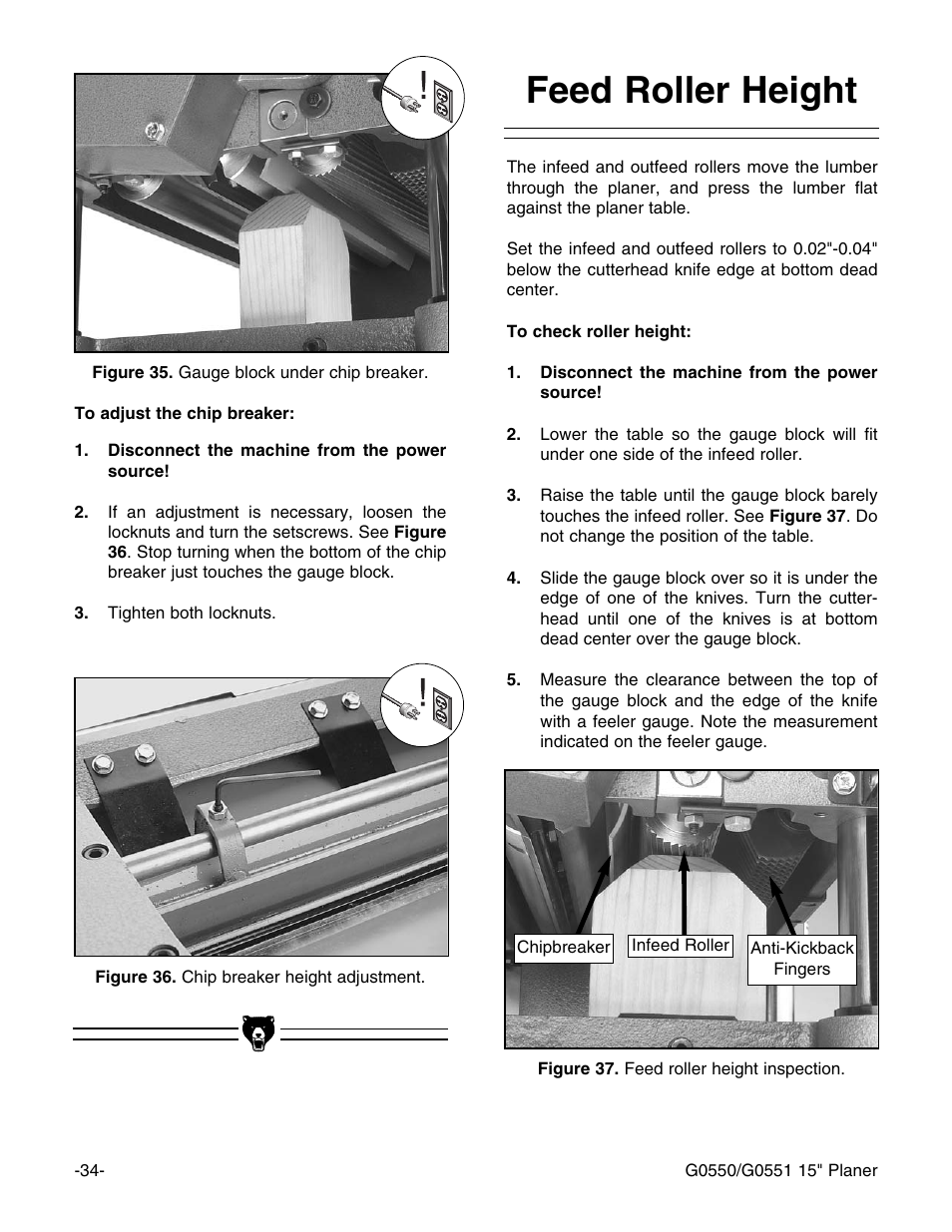 Feed roller height | Grizzly Model G0550 User Manual | Page 36 / 56
