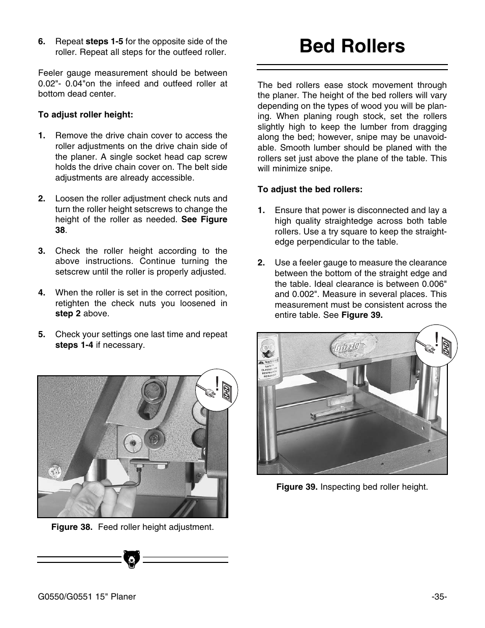 Bed rollers | Grizzly Model G0550 User Manual | Page 37 / 56