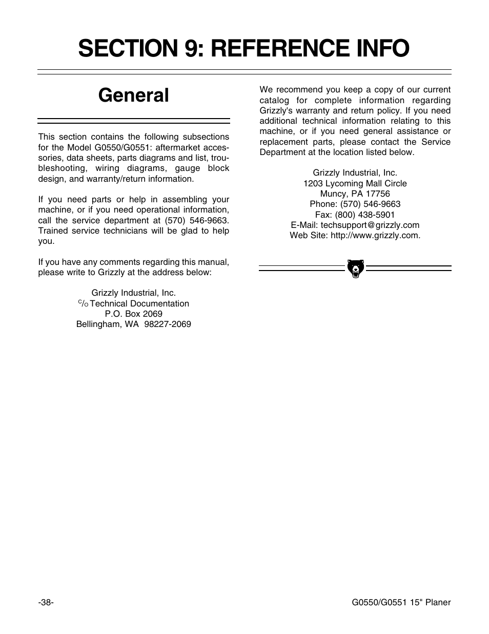 General | Grizzly Model G0550 User Manual | Page 40 / 56