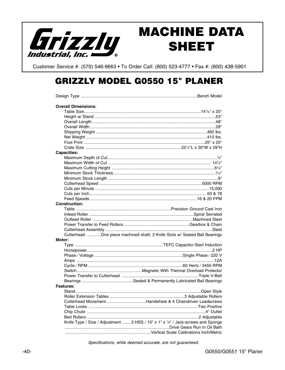 Machine data sheet | Grizzly Model G0550 User Manual | Page 42 / 56