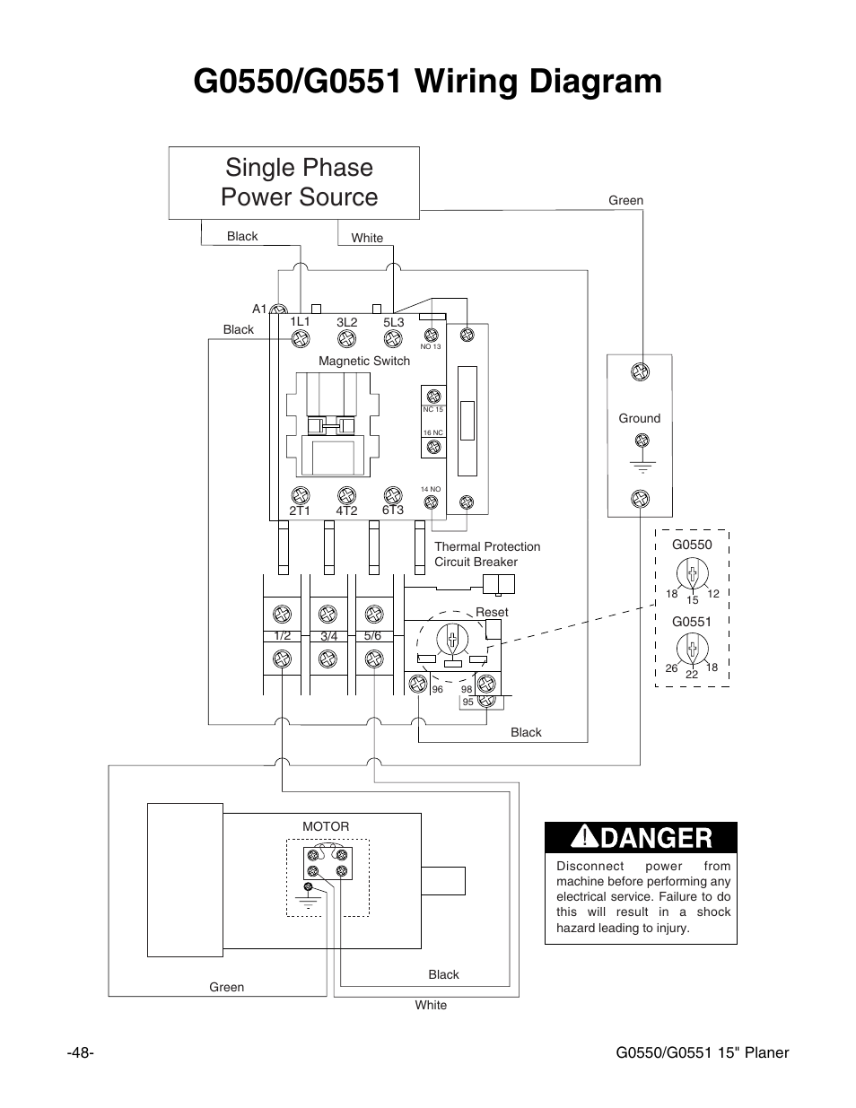 Single phase power source | Grizzly Model G0550 User Manual | Page 50 / 56