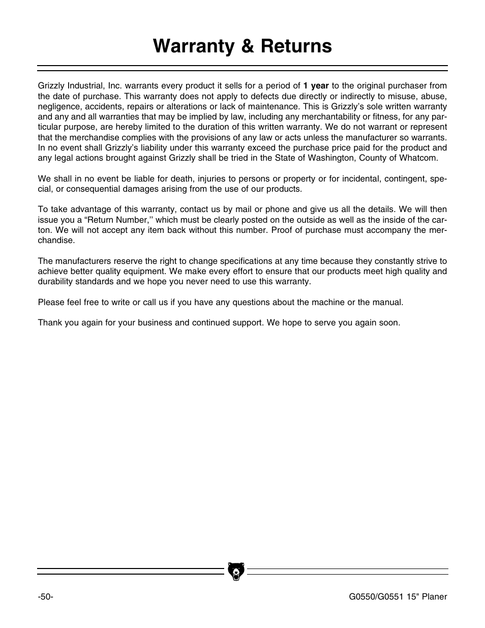 Warranty & returns | Grizzly Model G0550 User Manual | Page 52 / 56