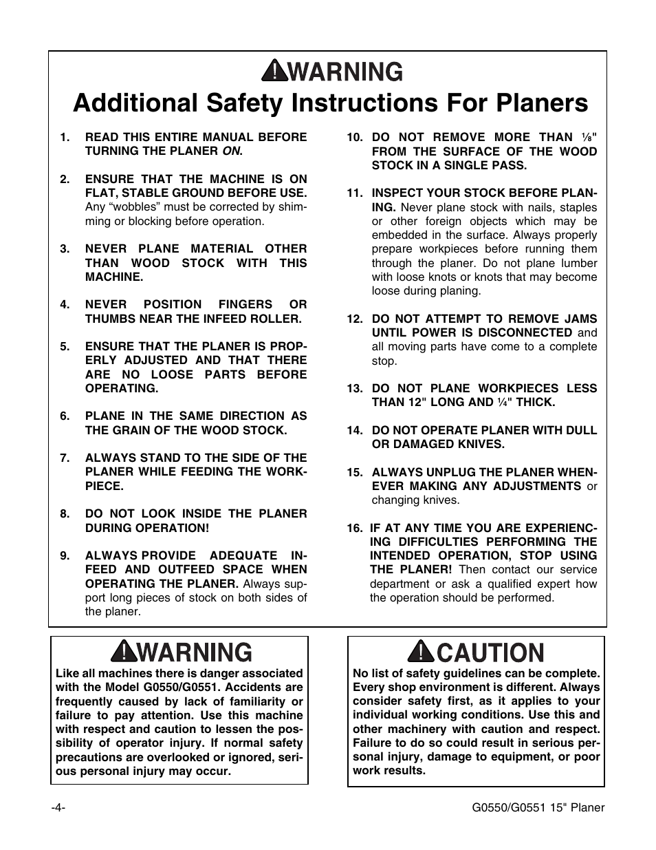 Additional safety instructions for planers | Grizzly Model G0550 User Manual | Page 6 / 56