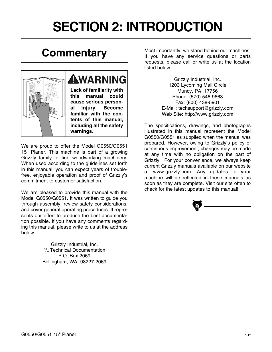 Commentary | Grizzly Model G0550 User Manual | Page 7 / 56