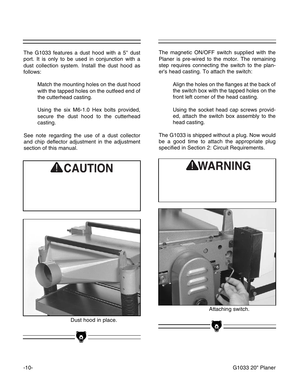 Dust hood, Switch | Grizzly Model G1033Z User Manual | Page 14 / 44