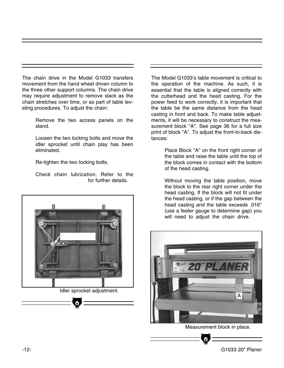 Chain adjustment, Table adjustment | Grizzly Model G1033Z User Manual | Page 16 / 44