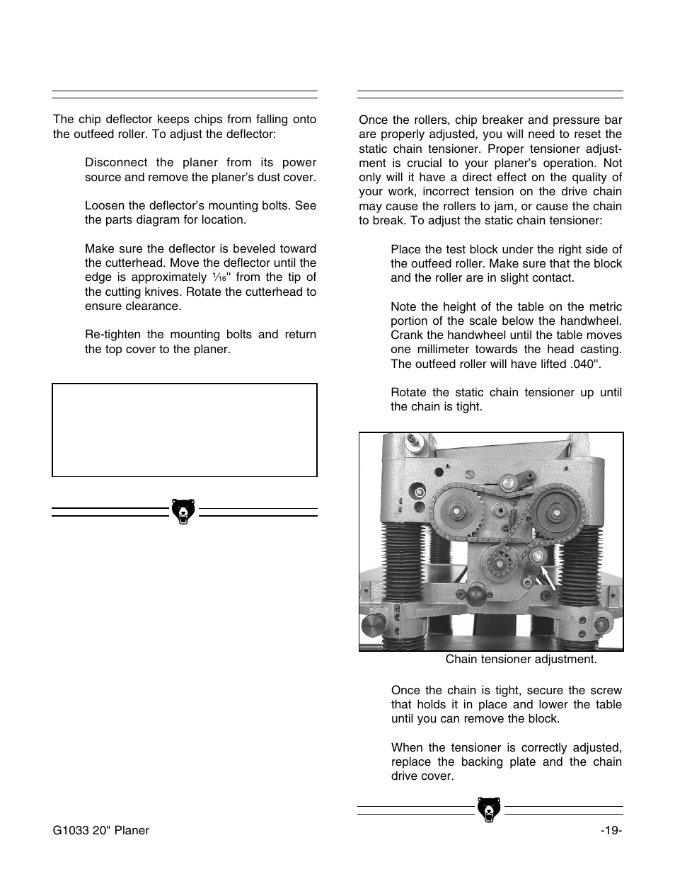 Chip deflector, Static chain adjuster, Notice | Grizzly Model G1033Z User Manual | Page 23 / 44