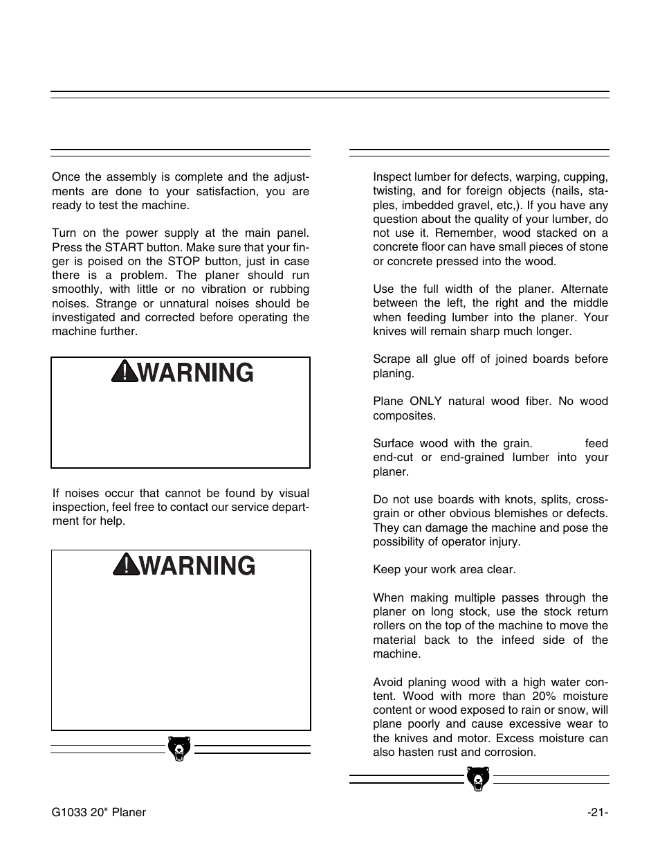 Operational tips, Test run | Grizzly Model G1033Z User Manual | Page 25 / 44