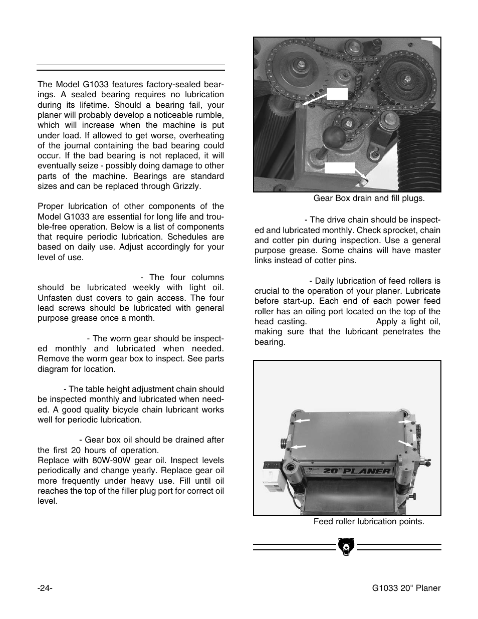 Lubrication | Grizzly Model G1033Z User Manual | Page 28 / 44