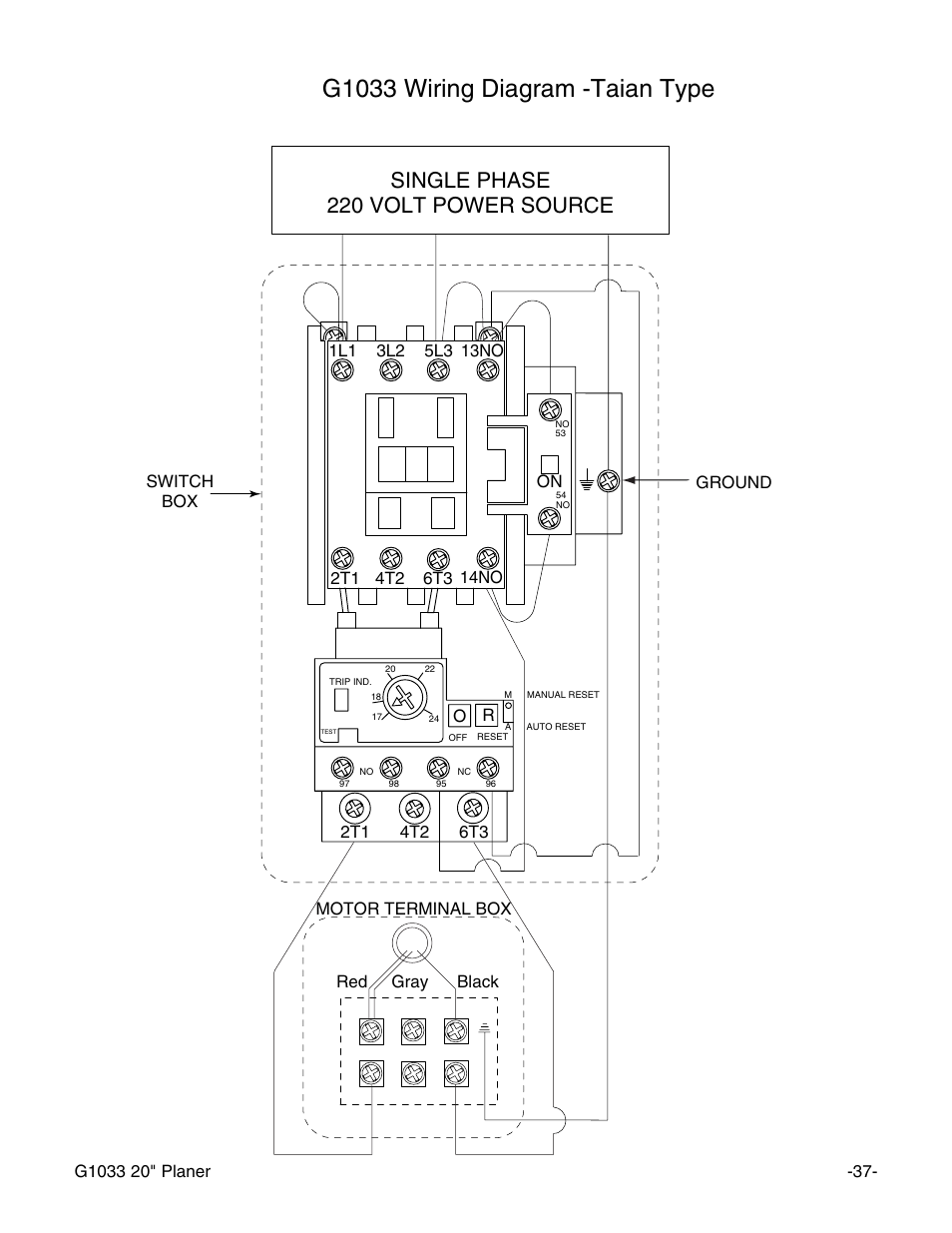 G1033 wiring diagram -taian type, Single phase 220 volt power source, Ground switch box | Motor terminal box red gray black | Grizzly Model G1033Z User Manual | Page 41 / 44