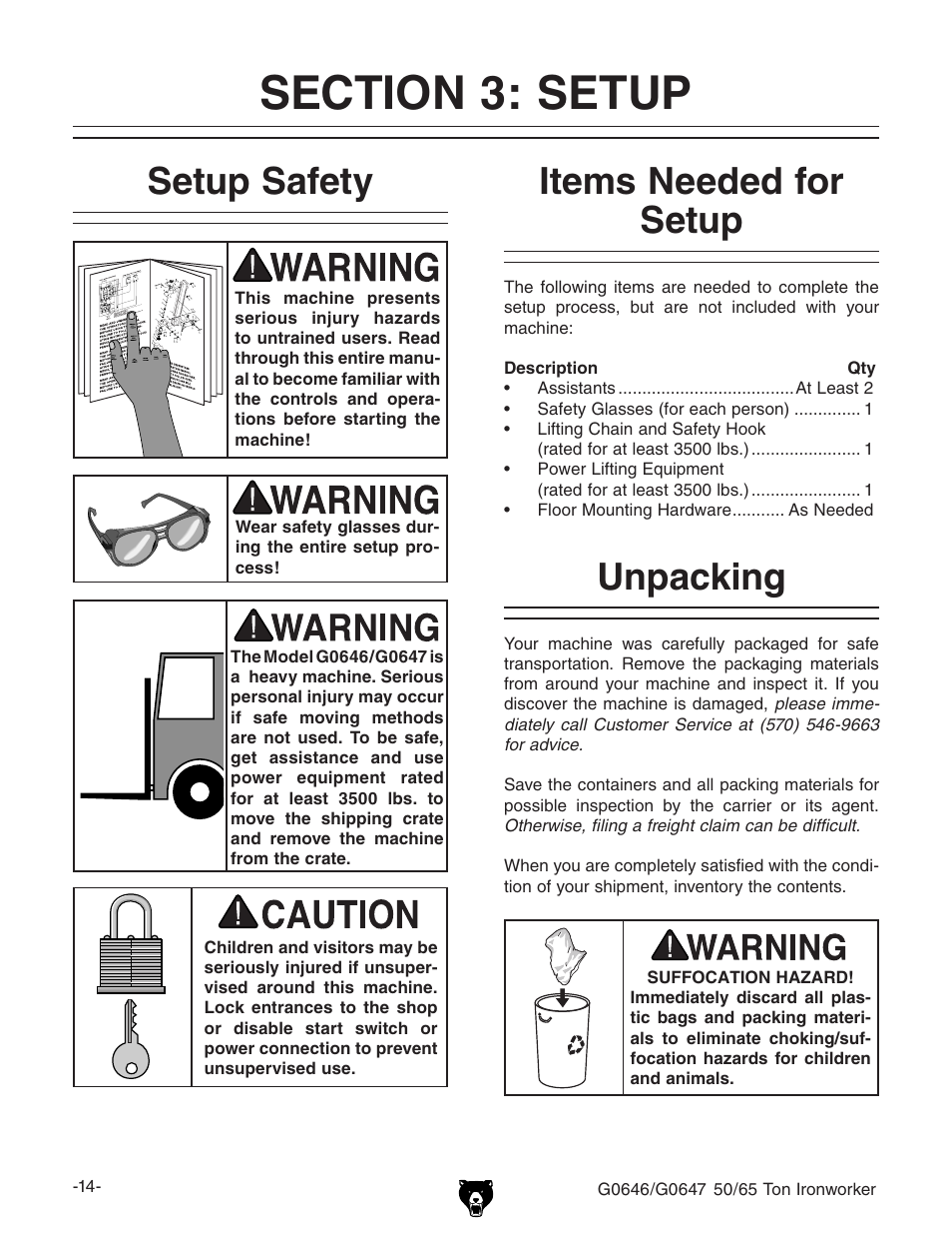 Setup safety, Items needed for setup, Unpacking | Grizzly 50/65 Ton Ironworker G0646 User Manual | Page 16 / 76