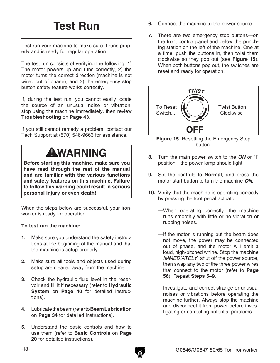 Test run | Grizzly 50/65 Ton Ironworker G0646 User Manual | Page 20 / 76