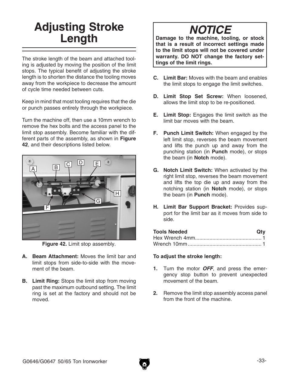 Adjusting stroke length, Notice | Grizzly 50/65 Ton Ironworker G0646 User Manual | Page 35 / 76