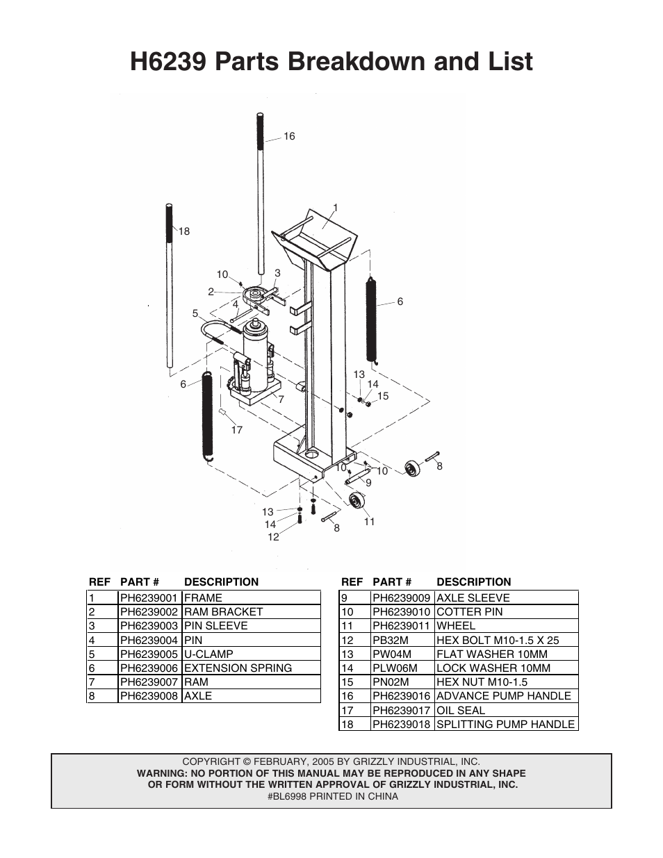 H6239 parts breakdown and list | Grizzly H6239 User Manual | Page 3 / 4