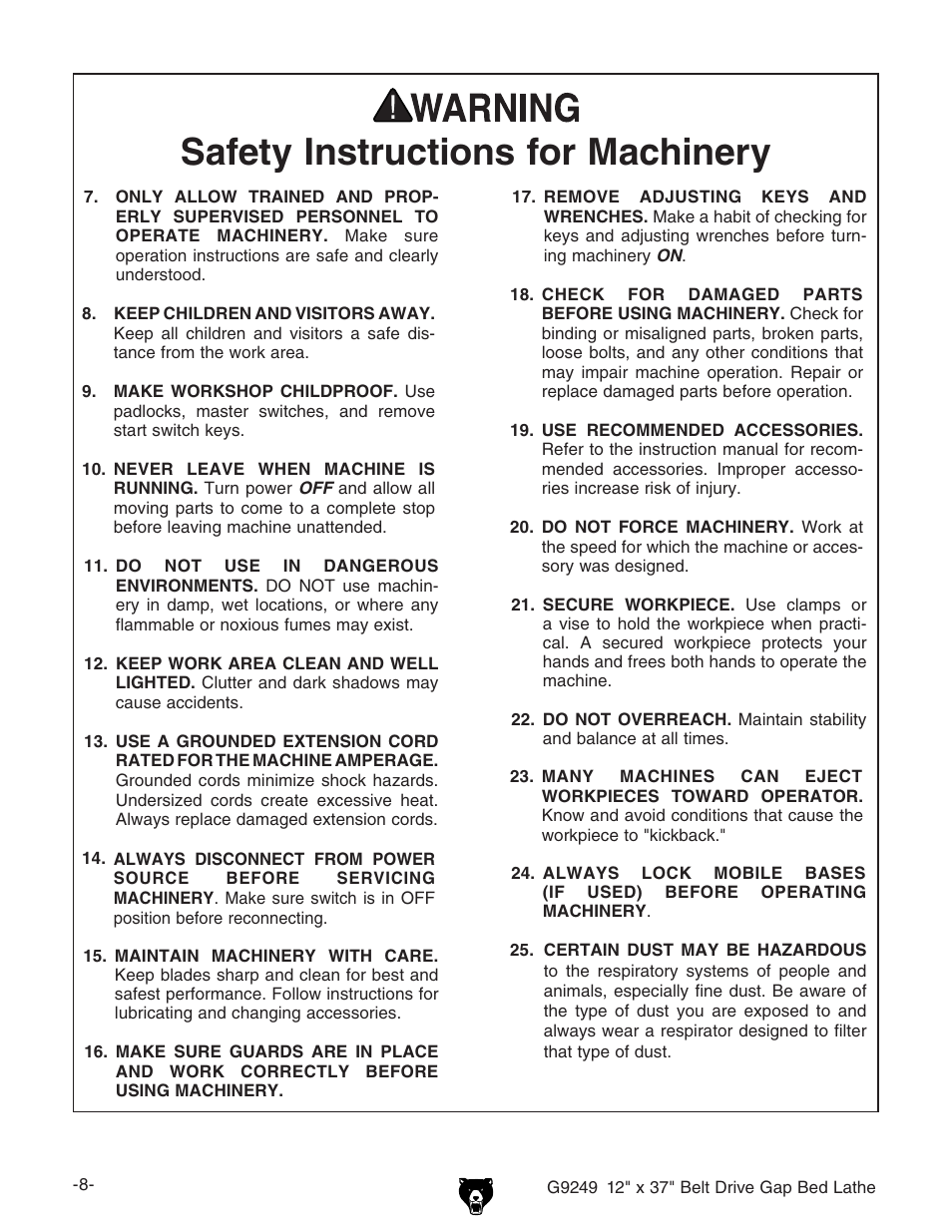 3afety | Grizzly G9249 User Manual | Page 10 / 92