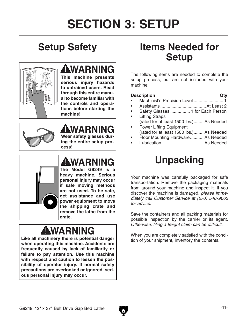 Setup safety, Items needed for setup, Unpacking | Grizzly G9249 User Manual | Page 13 / 92