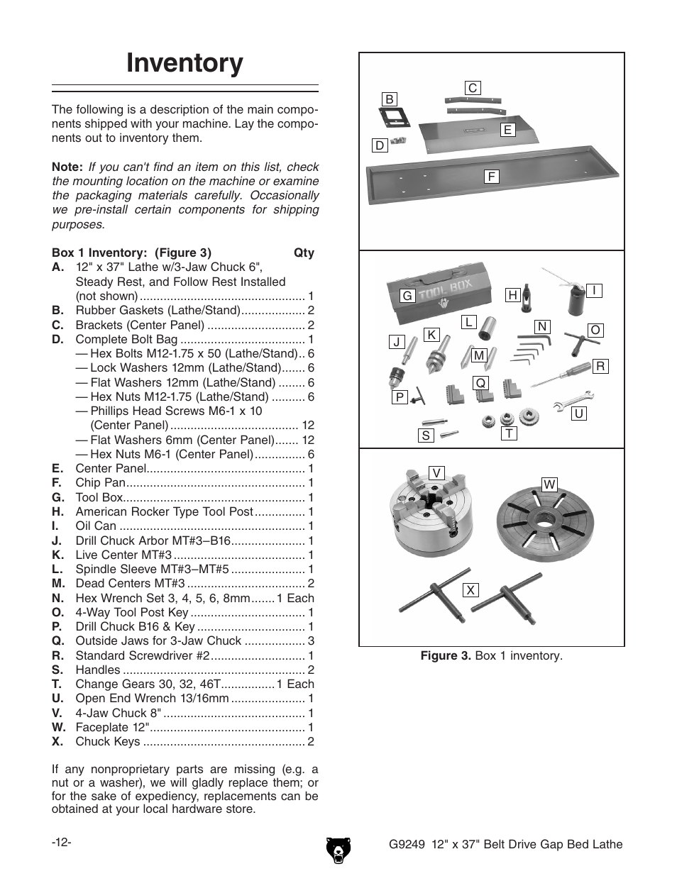 Inventory | Grizzly G9249 User Manual | Page 14 / 92