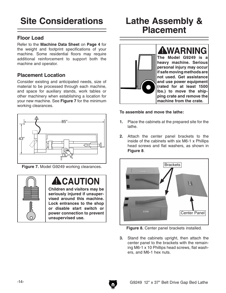 Site considerations, Lathe assembly & placement | Grizzly G9249 User Manual | Page 16 / 92
