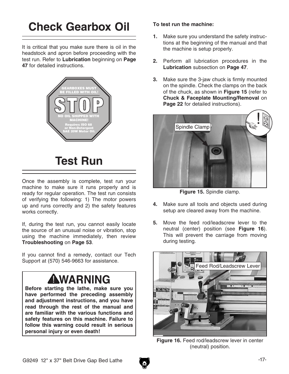 Test run, Check gearbox oil | Grizzly G9249 User Manual | Page 19 / 92