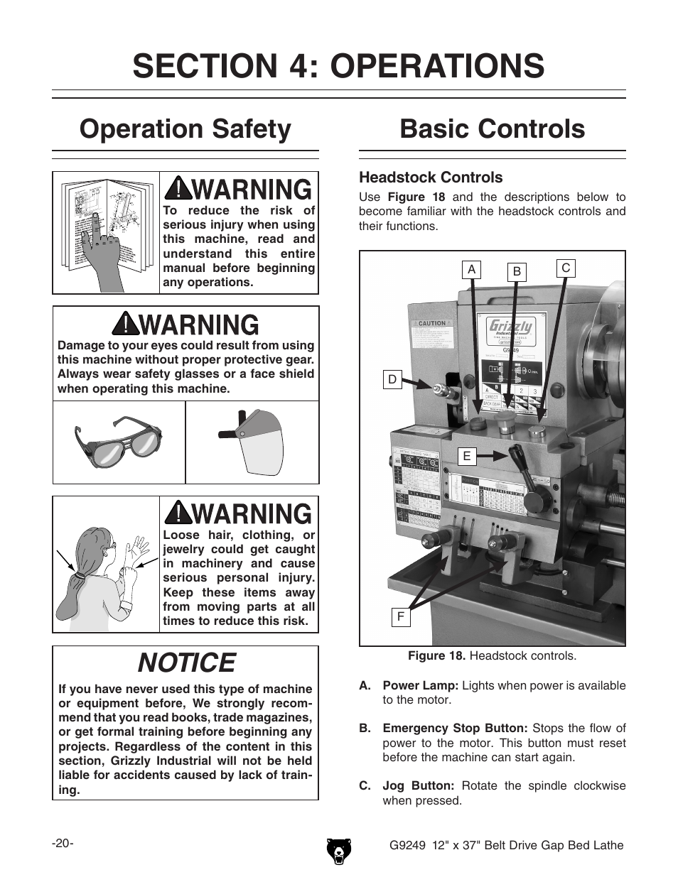 Notice, Operation safety, Basic controls | Grizzly G9249 User Manual | Page 22 / 92