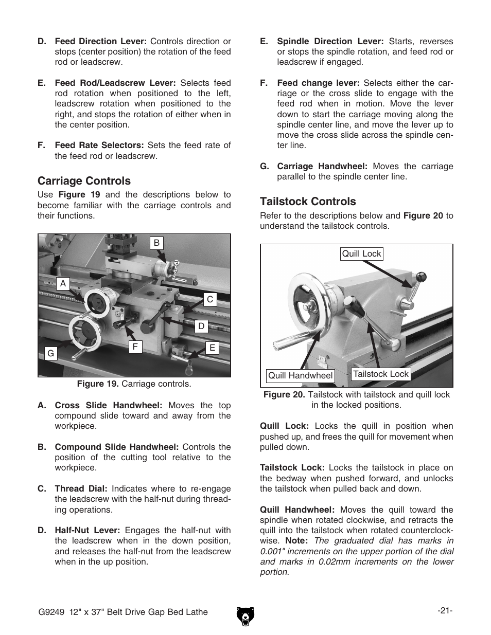 Carriage controls, Tailstock controls | Grizzly G9249 User Manual | Page 23 / 92