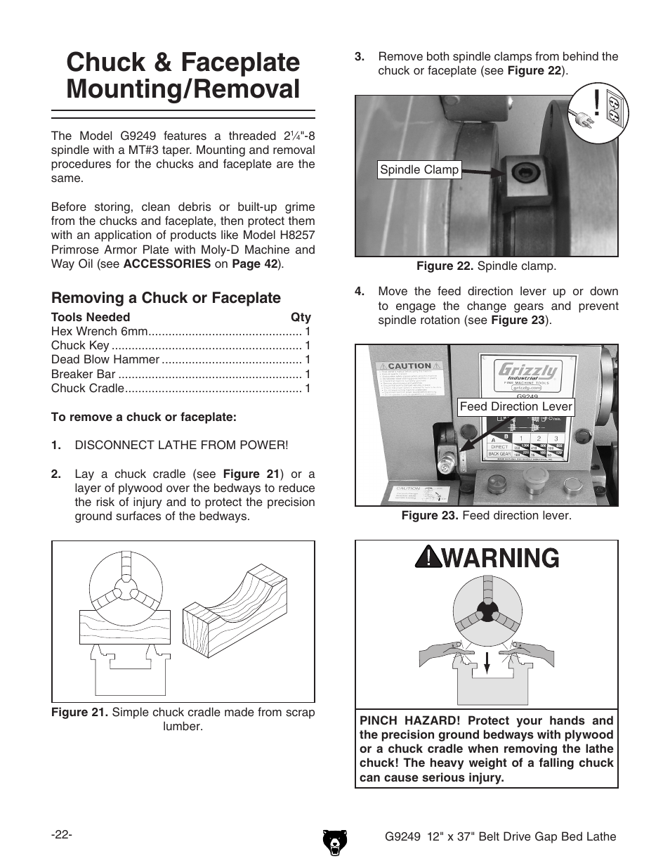 Chuck & faceplate mounting/removal | Grizzly G9249 User Manual | Page 24 / 92