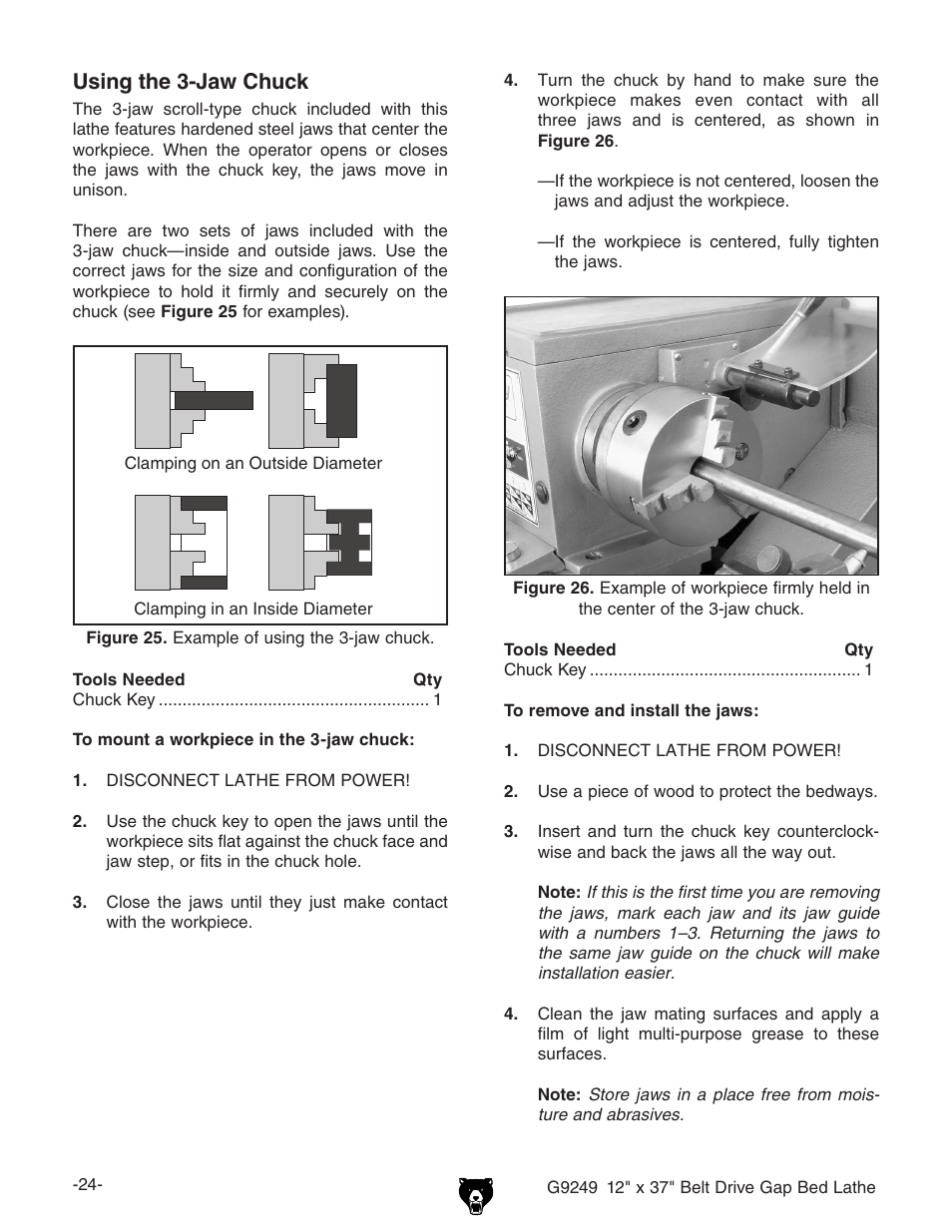 Using the 3-jaw chuck | Grizzly G9249 User Manual | Page 26 / 92