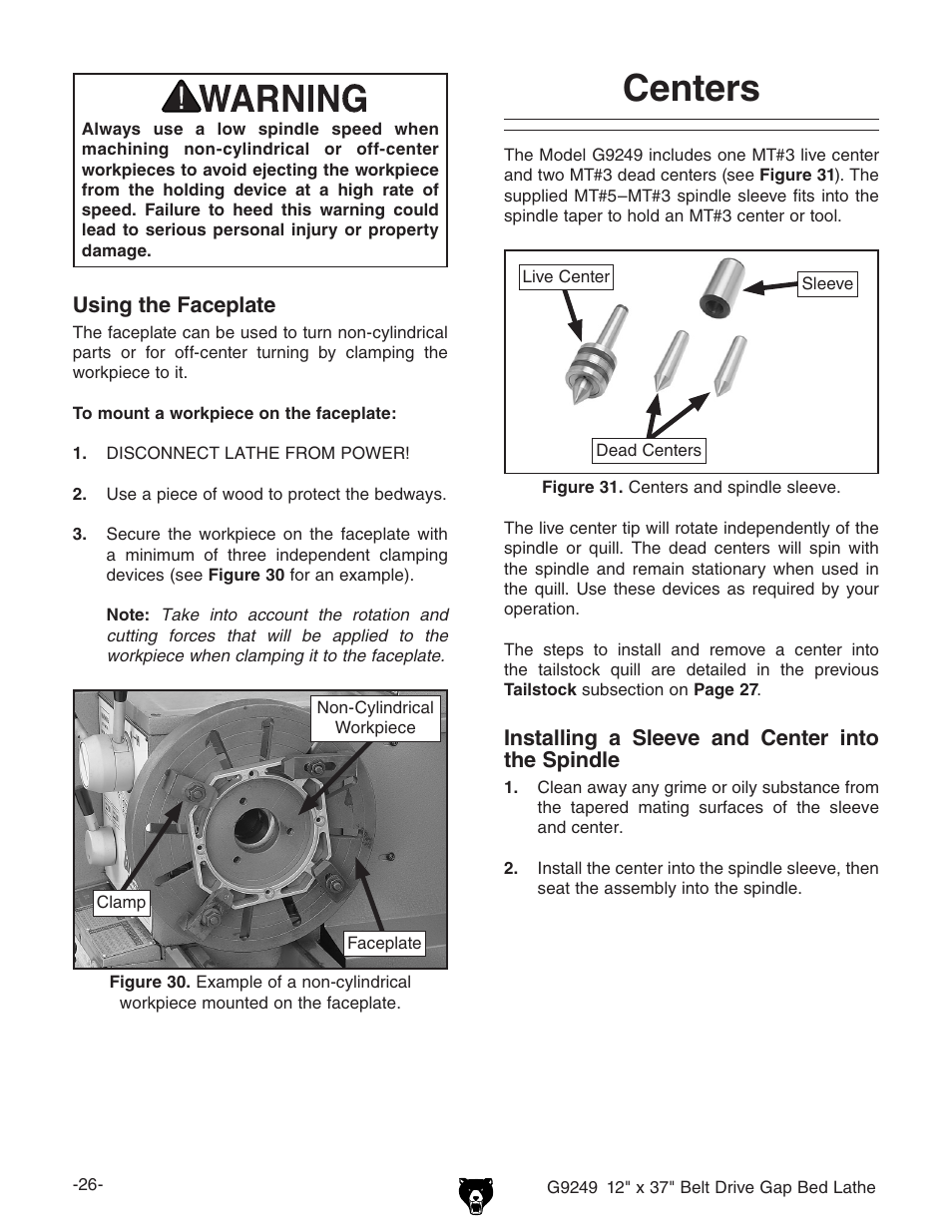 Centers | Grizzly G9249 User Manual | Page 28 / 92