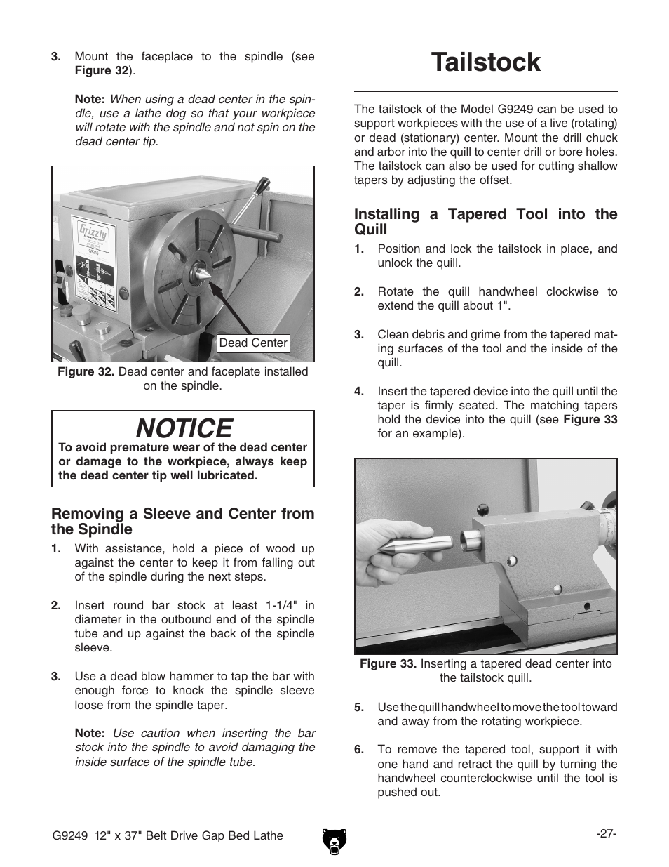 Notice, Tailstock | Grizzly G9249 User Manual | Page 29 / 92