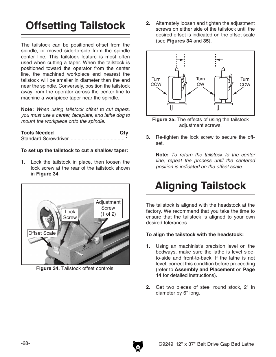Offsetting tailstock, Aligning tailstock | Grizzly G9249 User Manual | Page 30 / 92