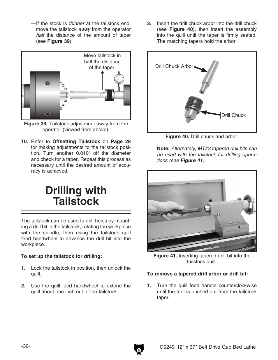 Drilling with tailstock | Grizzly G9249 User Manual | Page 32 / 92