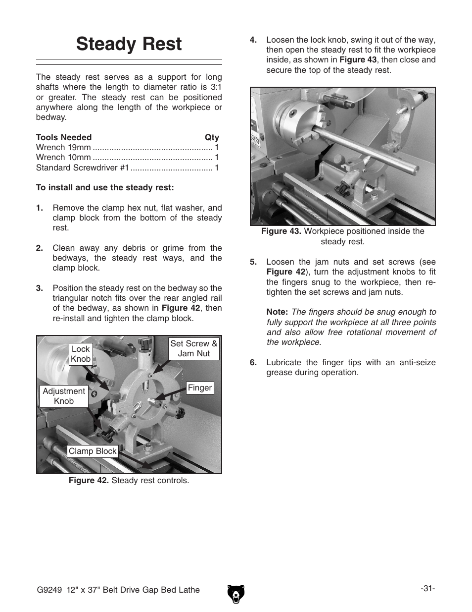 Steady rest | Grizzly G9249 User Manual | Page 33 / 92