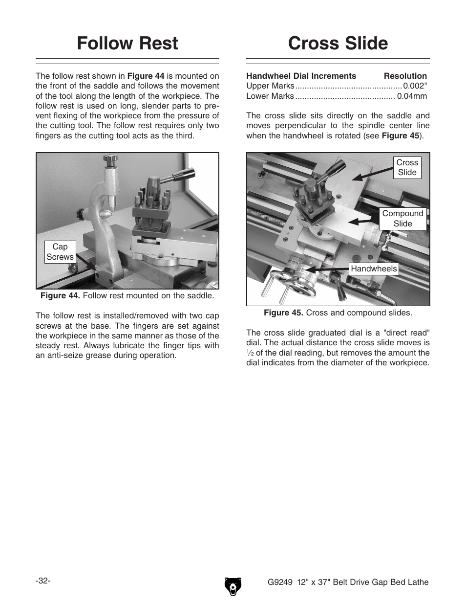 Follow rest, Cross slide | Grizzly G9249 User Manual | Page 34 / 92