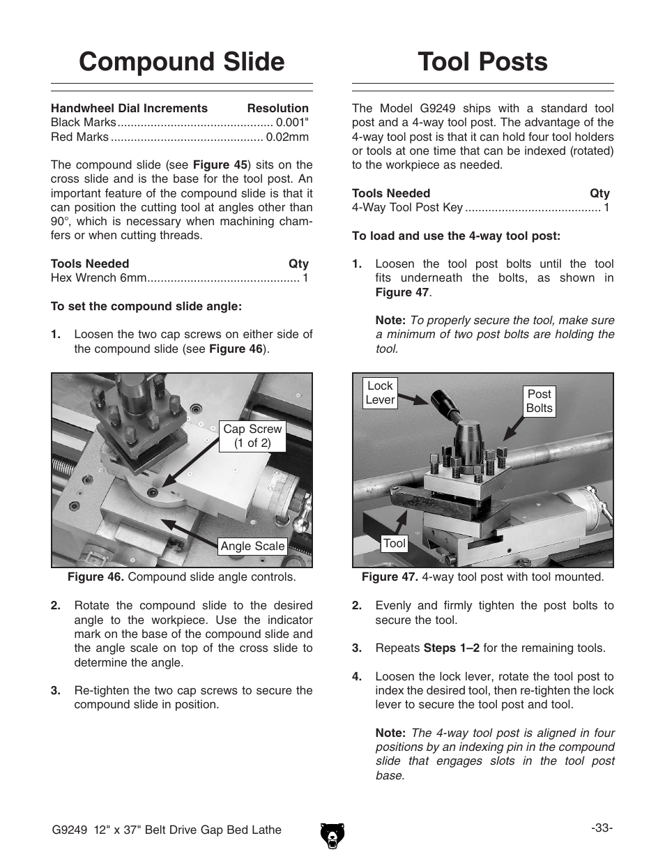Compound slide, Tool posts | Grizzly G9249 User Manual | Page 35 / 92