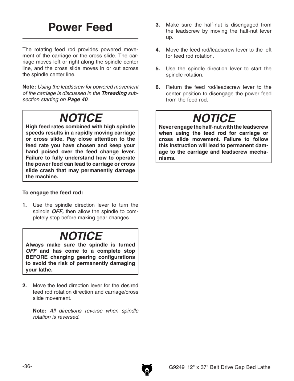 Power feed, Notice | Grizzly G9249 User Manual | Page 38 / 92