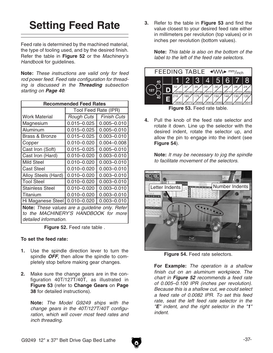 Setting feed rate, Ab c d e, Feeding table | Grizzly G9249 User Manual | Page 39 / 92
