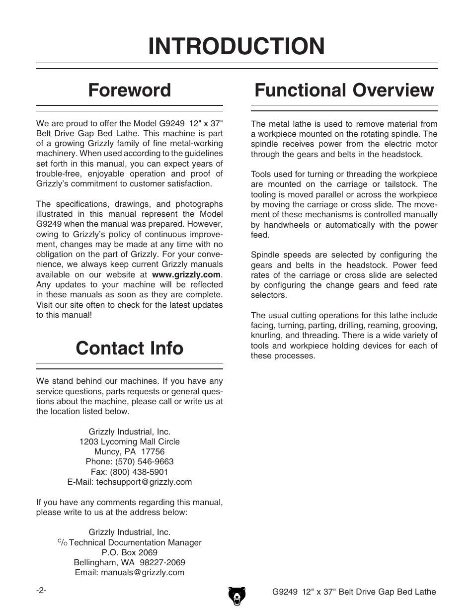 Introduction, Foreword, Contact info | Functional overview | Grizzly G9249 User Manual | Page 4 / 92