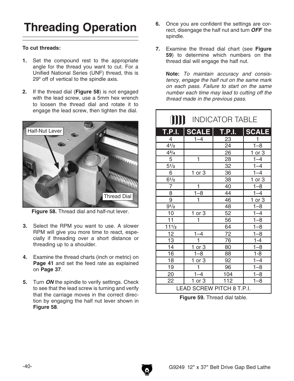 Threading operation, Indicator table, T.p.i. scale t.p.i. scale | Grizzly G9249 User Manual | Page 42 / 92