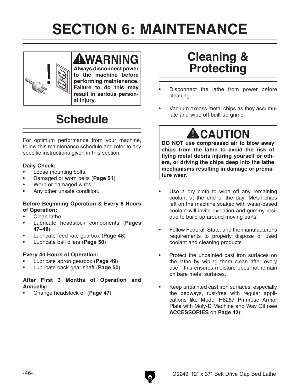 Schedule, Cleaning & protecting | Grizzly G9249 User Manual | Page 48 / 92