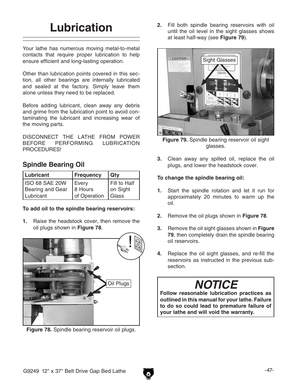 Lubrication, Notice | Grizzly G9249 User Manual | Page 49 / 92