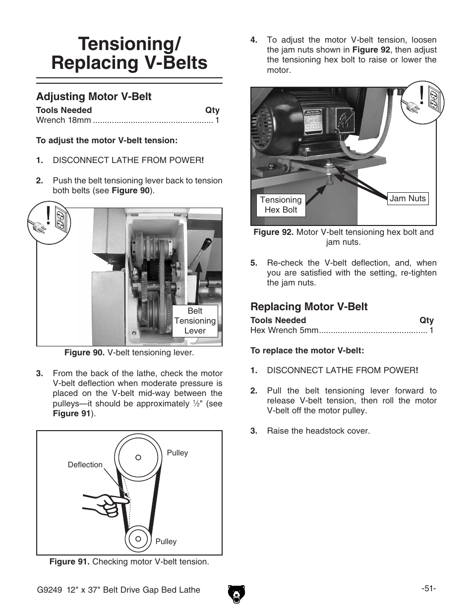 Tensioning/ replacing v-belts | Grizzly G9249 User Manual | Page 53 / 92